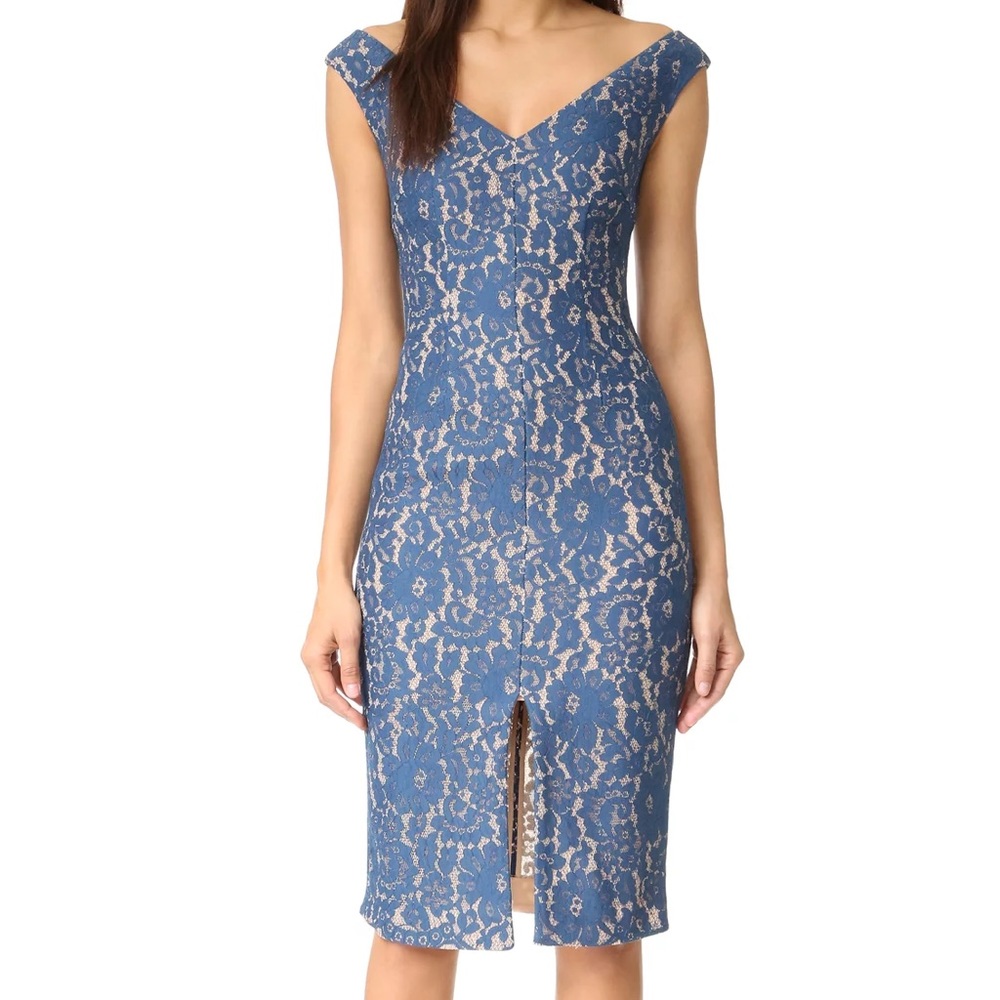 Keepsake The Label fitted blue lace dress, front slit, gorgeous neckline.